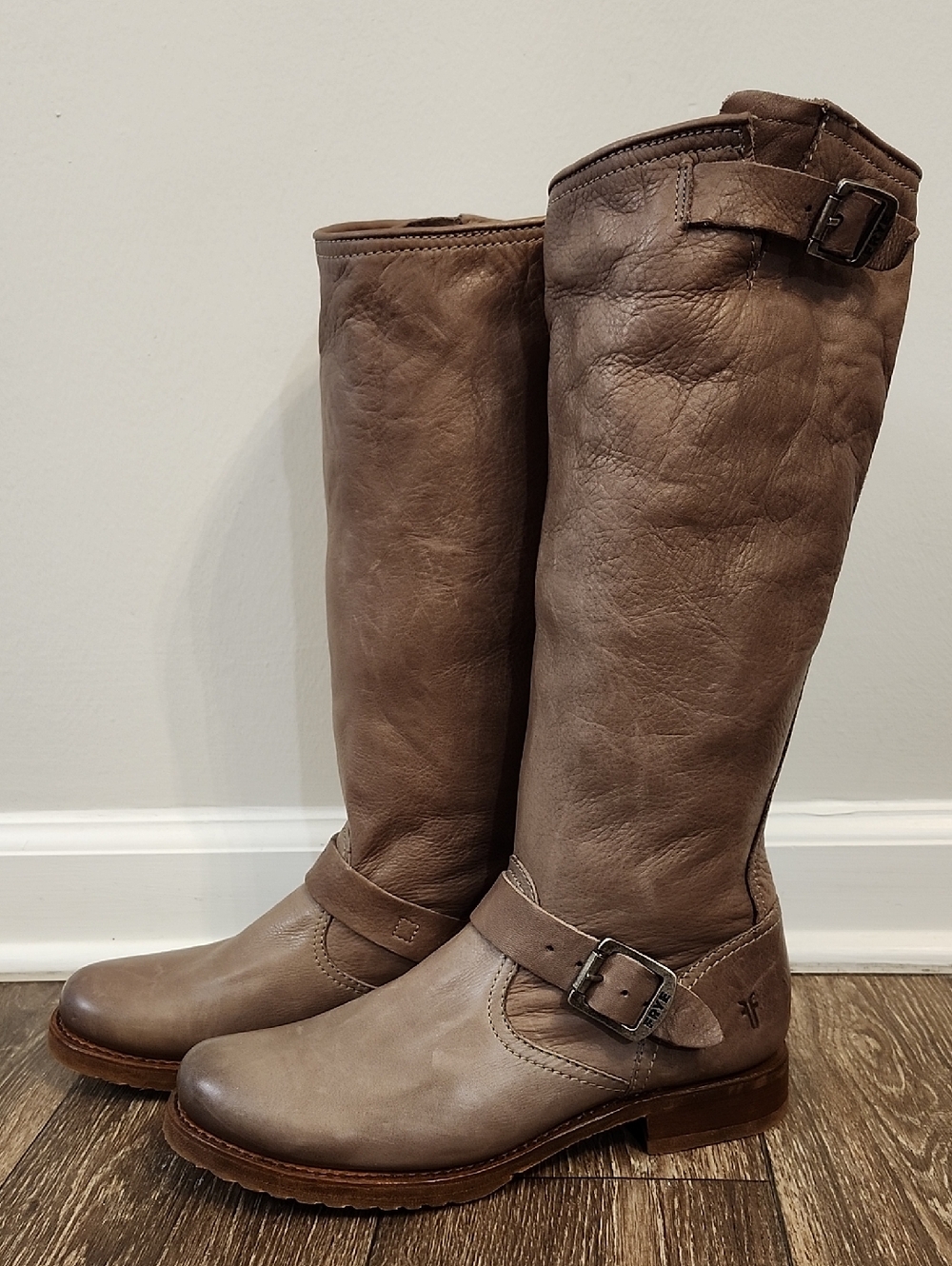 Frye Veronica Slouch Riding Buckle Moto Country Leather Boots Gray 8.5 B